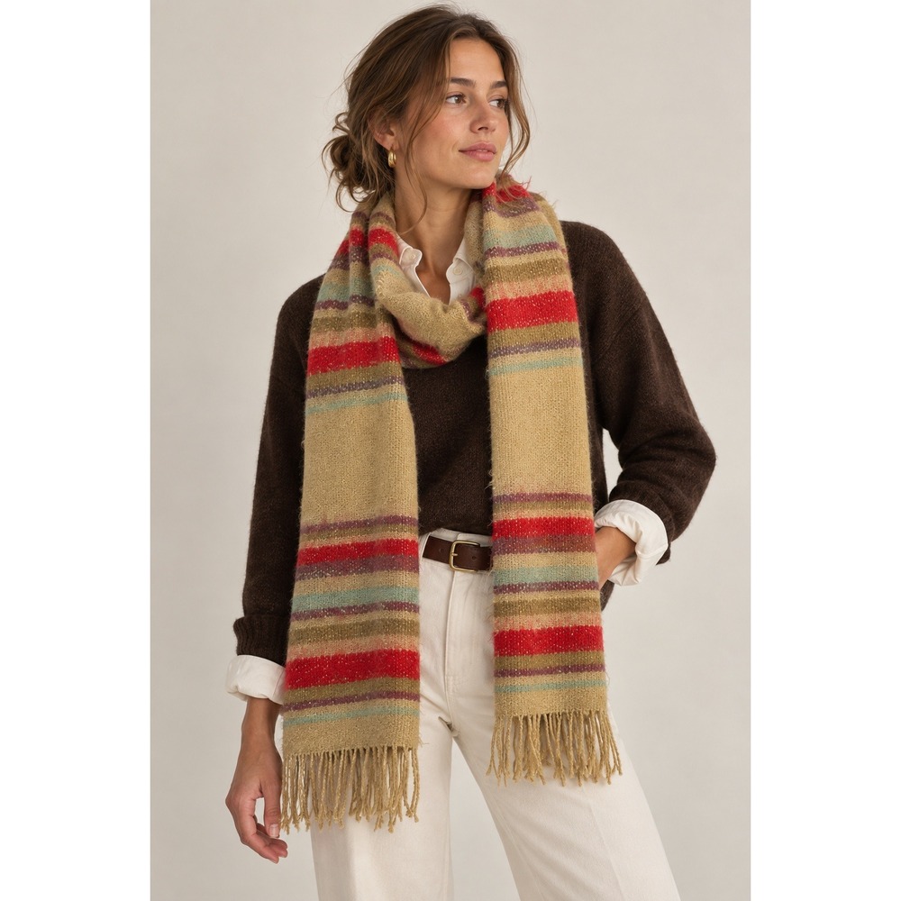 Lauren Ralph Lauren Scarf Womens OS Tan Multi Stripe Fringe LRL Jeans Co Knit